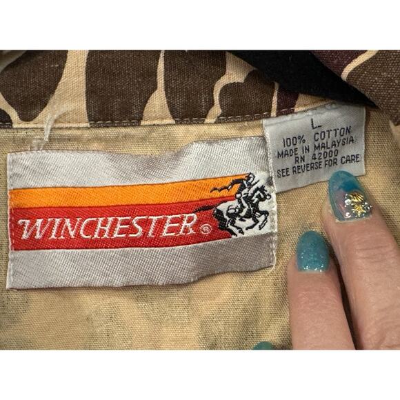 VINTAGE Winchester Jacket large Brown Frog Camo Lightweight Duck Hunting Button - Picture 3 of 6